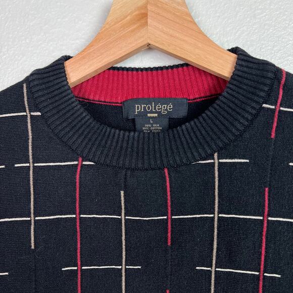 Protege Men's Large Silk Cotton Blend Black Pullover Crew Neck Sweater Geometric - Picture 3 of 6